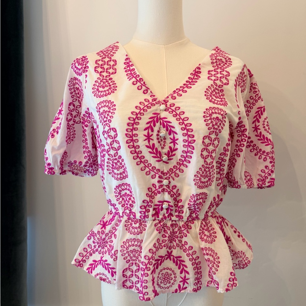 Skies Are Blue White Peplum Top with Fuchsia Embroidery